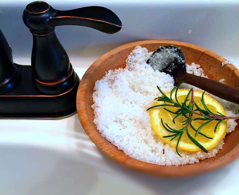 DIY Rosemary Lemon Salt Hand Scrub by the sink