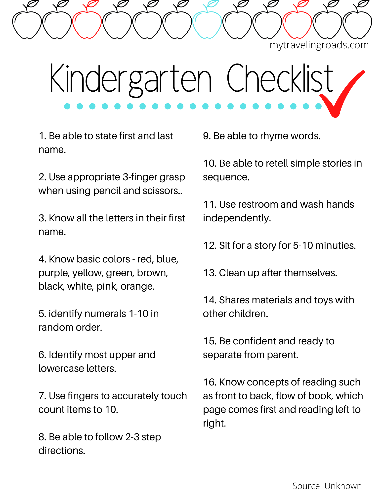 Kindergarten Readiness Checklist Printable