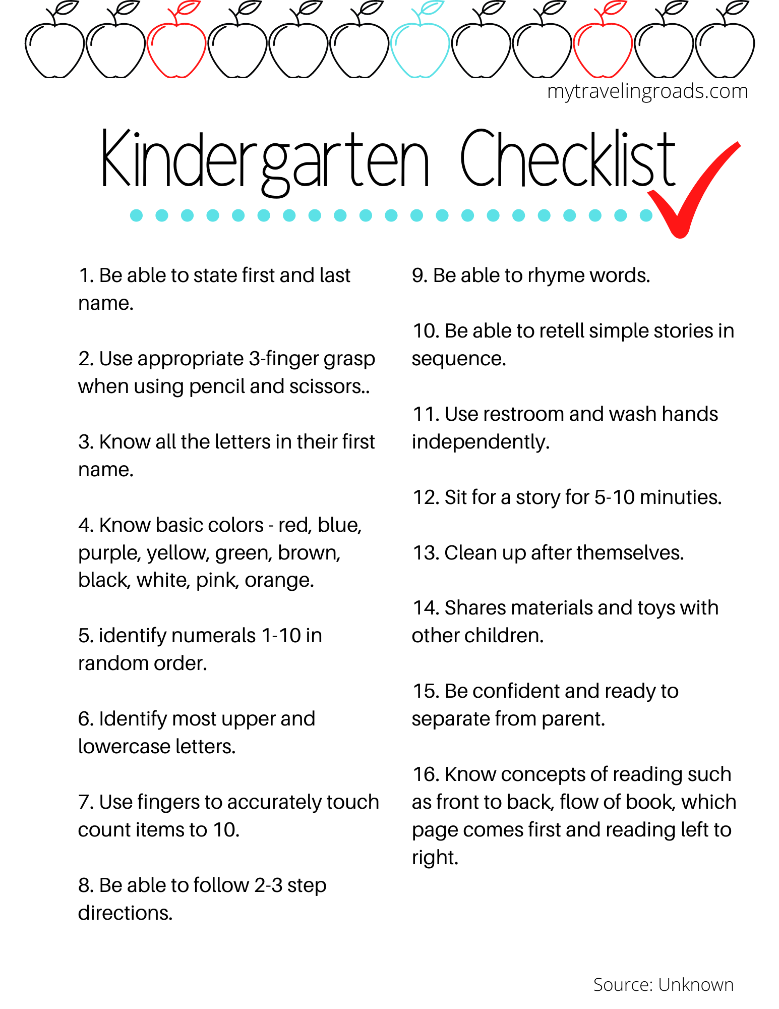 kindergarten skills checklist for teachers